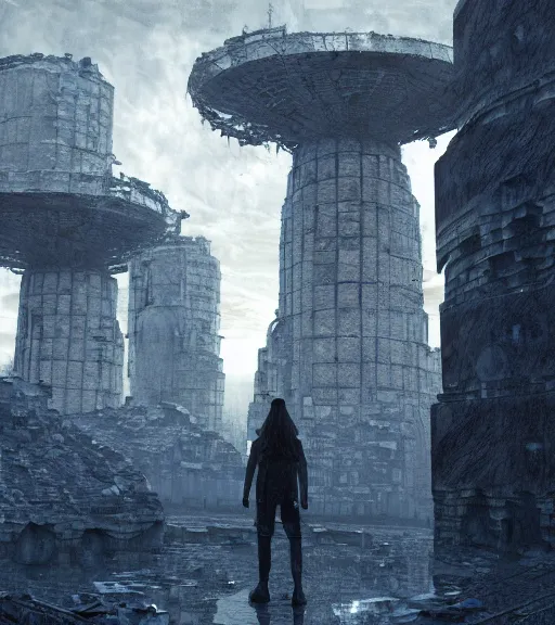 Image similar to tarkovsky greatest scene stalker movie, the ancient destroyed majestic tower of babylon, woman in a futuristic cyber clothing, transparent puffer jacket, hyperrealistic, blockchain, cyber world, ambient lighting, concept art, intricate sky, hyper - detailed, smooth, dynamic volumetric lighting, octane, ray trace, cinematic, high quality, cgsociety