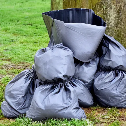 Prompt: Full grey bin bag, tied closed