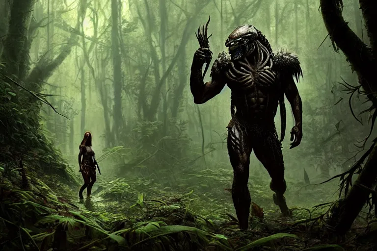 Prompt: ultra realistic, predator walking through dark forest, sci - fi, intricate details, eerie, highly detailed, octane render, 8 k, art by artgerm and alphonse mucha and greg rutkowski