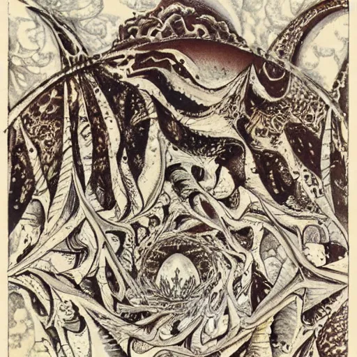 Image similar to cat as a fractal distortion, lithograph, watercolors, ink, M.C. Escher, moebius