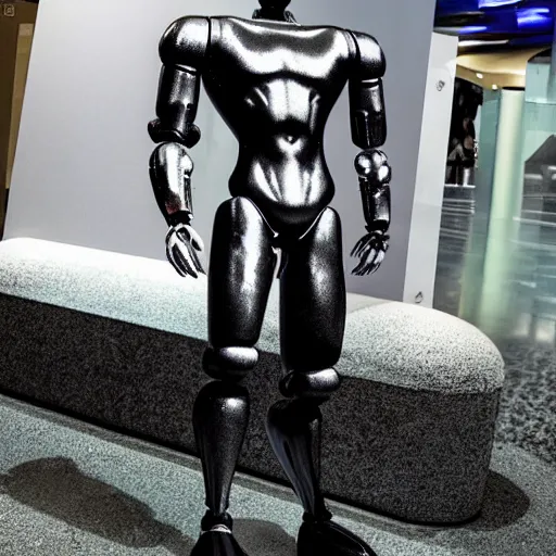 Image similar to made of ice, a realistic detailed photo of a guy who is an attractive humanoid who is half robot and half humanoid, who is a male android, on display, blank stare, showing off his muscles, shiny skin, posing like a statue, by the pool, frozen ice statue, twitch streamer / gamer ludwig, humanoid robot