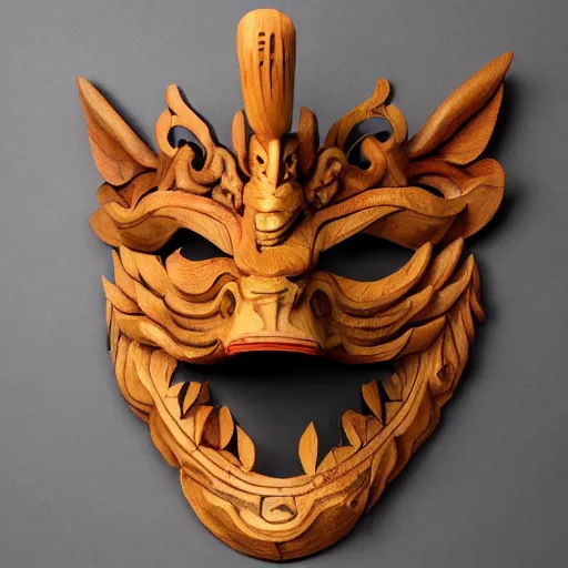 Prompt: divine dragon wooden mask