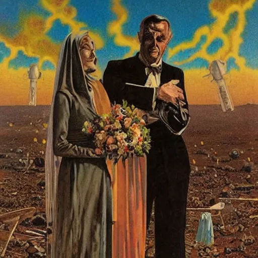 Image similar to i wouldn't marry you if you were the last man on earth!, apocalypse wedding, crying sad miserable unhappy bride, laughing groom, doomsday, radiation, nuclear holocaust by robert mcginnis and chesley bonestell