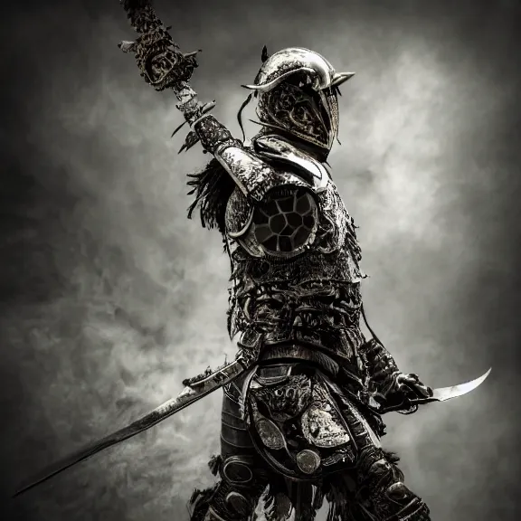 Image similar to photo of a warrior with metal owl theme armour, 4 k, hdr, smooth, sharp focus, high resolution, award - winning photo