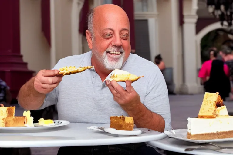 Image similar to billy joel eating cheesecake at disney world