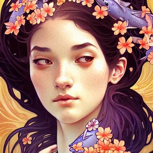 Image similar to Portrait of a girl surrounded by Koi fish, face, fantasy, intricate, elegant, highly detailed, digital painting, artstation, concept art, smooth, sharp focus, illustration, art by Fernanda Suarez and Artem Demura and alphonse mucha