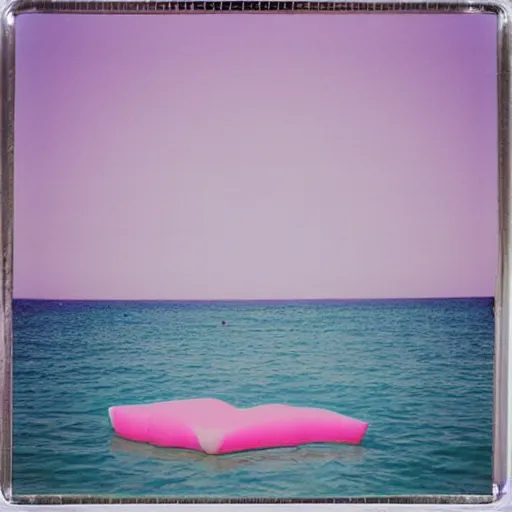 Image similar to a pastel colour high fidelity wide angle Polaroid art photo from a holiday album at a seaside of a large pink ship in the sea surrounded with abstract inflatable parachute furniture, all objects made of transparent iridescent Perspex and metallic silver, a grid of sun beds iridescence, nostalgic