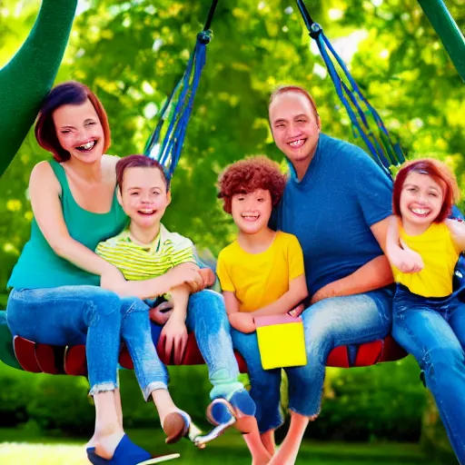 Image similar to family of circle shapes pushing kid on a tree swing, modern cartoon style, bold colors, indigo, mustardy yellow, pea green