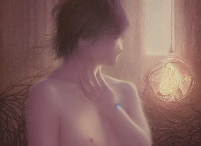 Image similar to portrait of sasquatch painterly, cynical realism, yoshitaka amano, miles johnston, moebius, beautiful lighting, miles johnston, klimt, tendrils, in the style of, louise zhang, victor charreton, james jean, two figures, terrence malick screenshots, ghibli screenshot