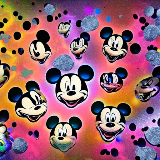 Image similar to counterfeit mickey mouse, fractal, broken, wet, melting, lisa frank, fractured, mycelium, cubensis, radiant alien, rococo, baroque, automotive, bio-mechanical, porcelain, iridescent, sub surface scattering, unreal engine, octane render