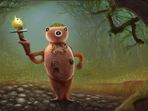 Prompt: cute anthropomorphized dried fruit, this round creature is an anthropomorphized dried fruit with hands and feet holding a spirit spear, pure fig figure and magicswirling spear. lowland forest background, he summons otter ghosts. digital illustration detailed digital illustration for mtg. dnd fantasy epic character illustration by seb mckinnon, background by john constable. 4 k illustration