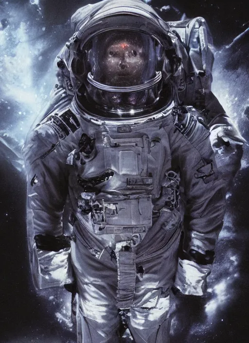 Image similar to astronaut in dark void underwater - complex and hyperdetailed technical suit design. reflection and dispersion materials. rays and dispersion of light. volumetric light. f / 3 2. noise film photo. flash photography. ultra realistic, 5 0 mm. poster by wayne barlowe, hajime sorayama aaron horkey, craig mullins