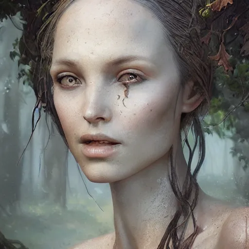 Image similar to photo realistic image of dryad, stunning 3 d render inspired art by istvan sandorfi and greg rutkowski, perfect facial symmetry, realistic, highly detailed attributes and atmosphere, dim volumetric cinematic lighting,