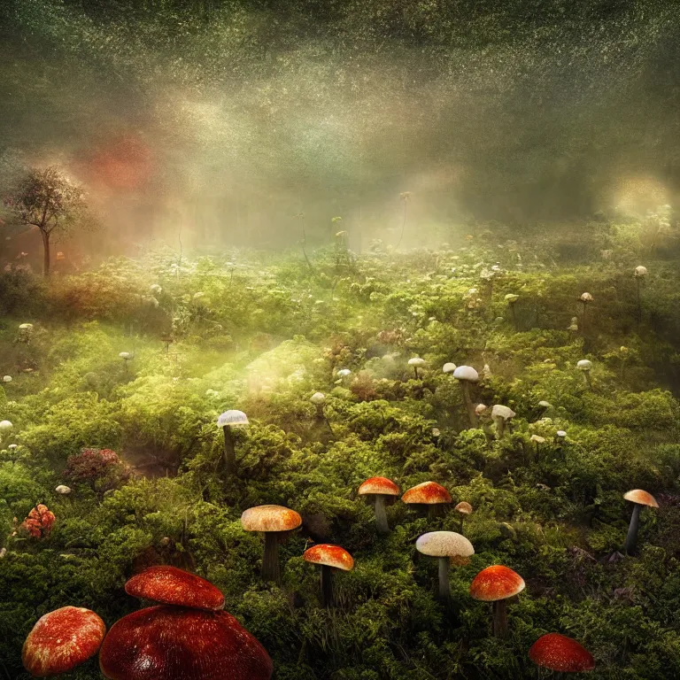 Image similar to a planet of various fungus, mushrooms, flowers and plants, inside the picture is infinity, Atmospheric, artistic photography, conceptual, long exposure outside the city, volumetric light