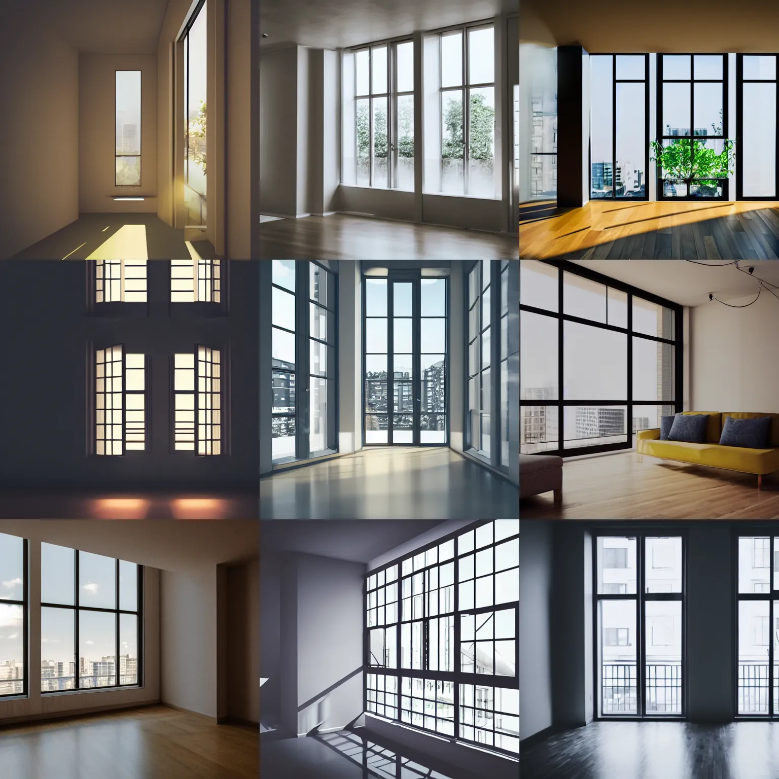 Prompt: an apartment as seen from inside, light streaming through the windows in an anime style