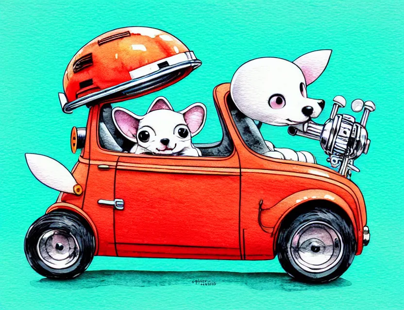 Image similar to cute and funny, puppy wearing a helmet riding in a tiny hot rod with an oversized engine, ratfink style by ed roth, centered award winning watercolor pen illustration, isometric illustration by chihiro iwasaki, edited by range murata, tiny details by artgerm and watercolor girl, symmetrically isometrically centered, sharply focused