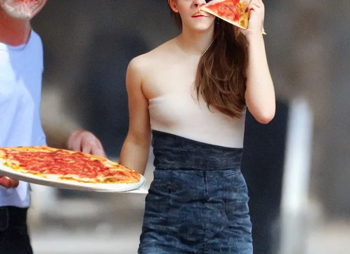 Image similar to emma watson eats a juicy pizza