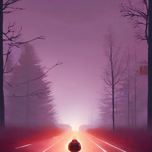 Image similar to Beautiful cinematic scene of a robot walking alongside an empty road surrounded by trees, at night, soft lighting, peaceful, science fiction, award-winning, cinematic lighting, insanely detailed, very realistic, Artstation, Cgsociety, by Simon Stalenhag, directed by Denis Villeneuve, filmic