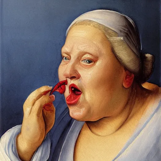 Image similar to of a very funny renaissance style oil painting of a sweet fat old woman kissing her reflection. symmetrical face, red mouth, blue eyes. a flowered dress. a hyper - realistic scene. 3 d, octane processing, deep focus, white scene. a very funny and sweet picture. unreal engine. watercolor. fellini cinematic style. poster quality. freud painting style.