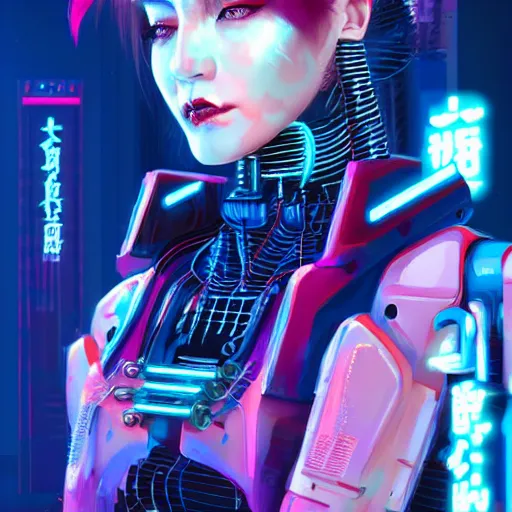 Image similar to a portrait of a cyberpunk robot geisha sorceress, warcore, sharp focus, detailed, artstation, concept art, 3 d + digital art, wlop style, biopunk, neon colors, futuristic, neon noire, storytelling