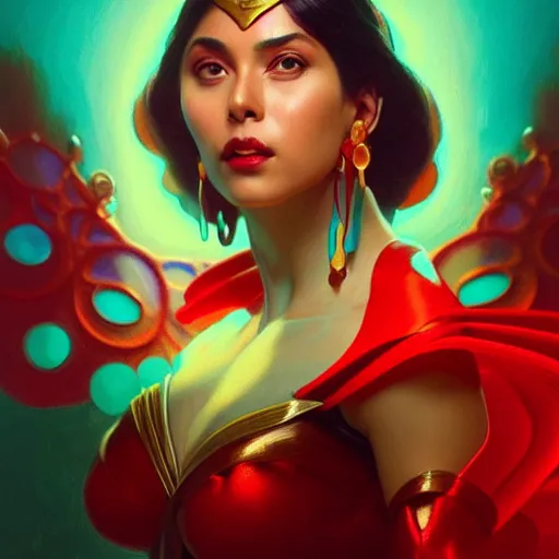 Prompt: anjanette abayari as darna, volumetric lights, red and cyan theme, art nouveau botanicals, intricate, highly detailed, digital painting, artstation, concept art, smooth, sharp focus, cinematic, illustration, beautiful face, art by artgerm and greg rutkowski and alphonse mucha