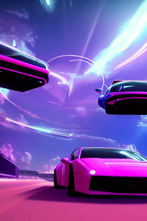 Image similar to quantum entanglement的synthwave sports car ,by Austin English ,cinema lighting,Game scene graph , very high detailed Unreal engine, in the style of a 70s science fiction novel cover