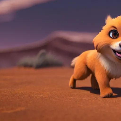 Image similar to tibetan spaniel as nendoroid walking in a desert in the croods movie style, anime, disney, pixar, 8 k, hd, dof, kodak film, volumetric lighting, subsurface scattering, photorealistic, octane render, details