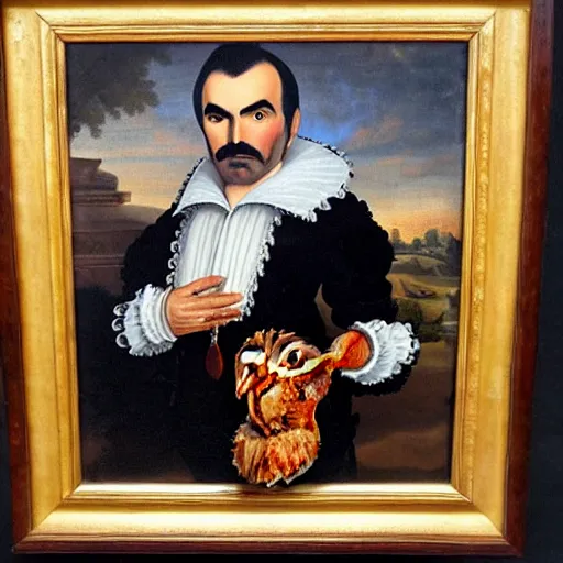 Prompt: a 1 6 0 0 s framed portrait painting of burt reynolds holding a bucket of fried chicken, intricate, elegant, highly detailed