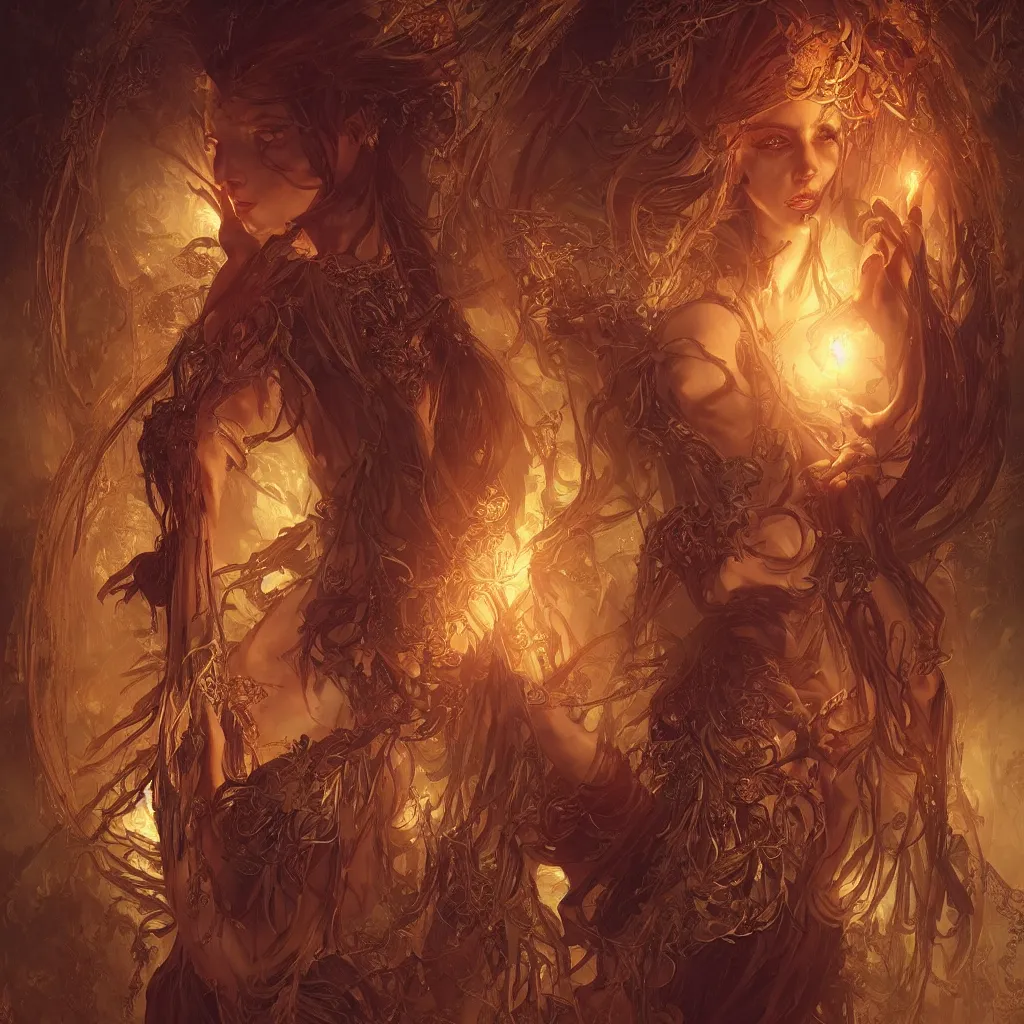 Image similar to Beautiful Evil Necromancer Sorceress, fantasy magic, dramatic lighting, golden hour, close to night, intricate, elegant, sharp focus, illustration, highly detailed, digital painting, concept art, matte, art by WLOP and Artgerm and Greg Rutkowski and Alphonse Mucha, masterpiece