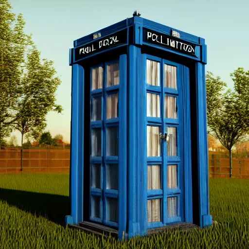 Image similar to a 1 8 2 9 police box is shown on a transparent background, a digital rendering by richard wilson, artstation, photorealism, physically based rendering, rendered in maya, made of wood