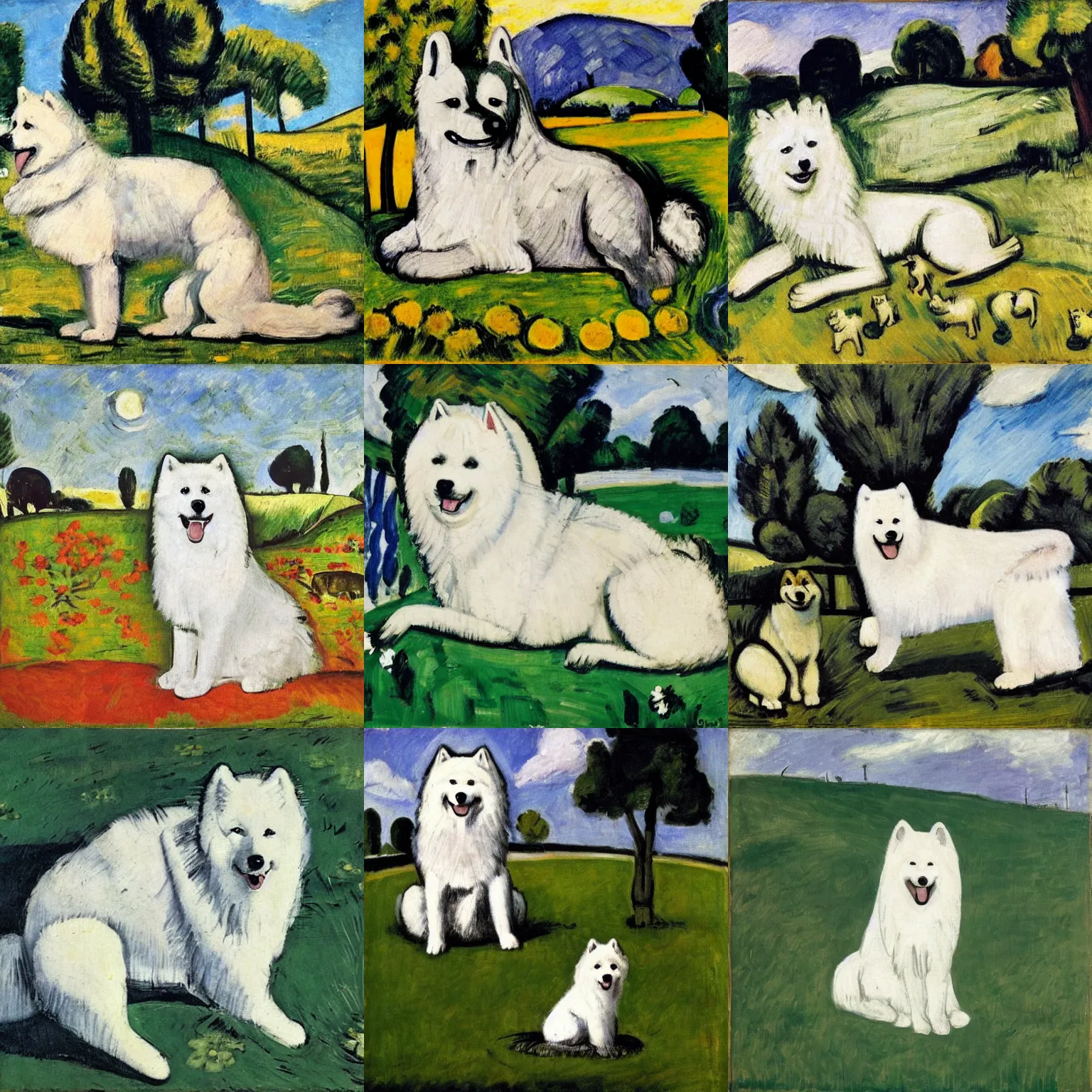 Prompt: a samoyed dog sitting in the middle of sunny meadow, by Max Beckmann