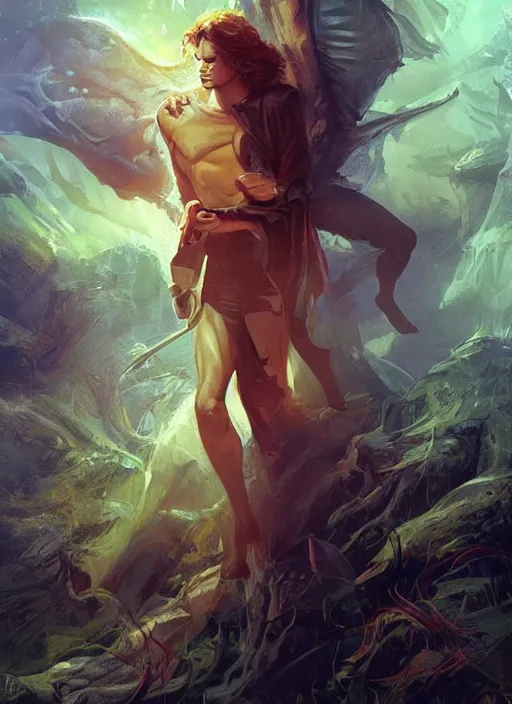 Image similar to sam winchester in a bodice - ripper romantic book cover illustration art by peter andrew jones, artgerm, wlop. fantasy style, sharp focus!, ultra detailed,