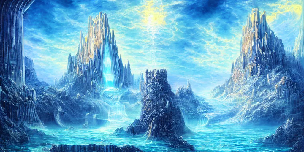 Image similar to aggressive goddess, crystal clear atlantis architectural marvels, crisp realistic fantasy art painting