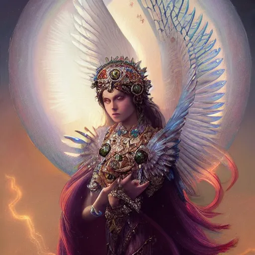 Image similar to A beautiful digital painting of a female Seraphim full of jewels, princess, the moon behind her, intricate, cinematic lighting, highly detailed, digital painting, Artstation, concept art, smooth, sharp focus, illustration, art by Tom Bagshaw, Artgerm and Greg Rutkowski