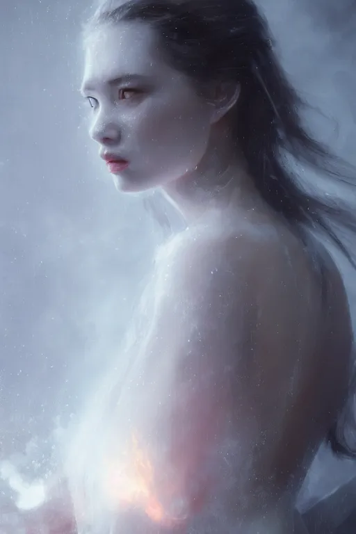 Image similar to a beautiful portrait of a young Demon women covered in white flames by Greg Rutkowski, Sung Choi, Mitchell Mohrhauser, Maciej Kuciara, Johnson Ting, Maxim Verehin, Peter Konig, Bloodborne , 8k photorealistic, cinematic lighting, HD, high details, atmospheric , trending on artstation