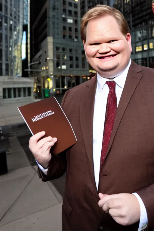 Image similar to andy richter wearing a brown suit and necktie, ultra hd photo, 3 5 mm close up, fish eye, realistic, smiling, standing in the streets of chicago, holding a postcard from chicago