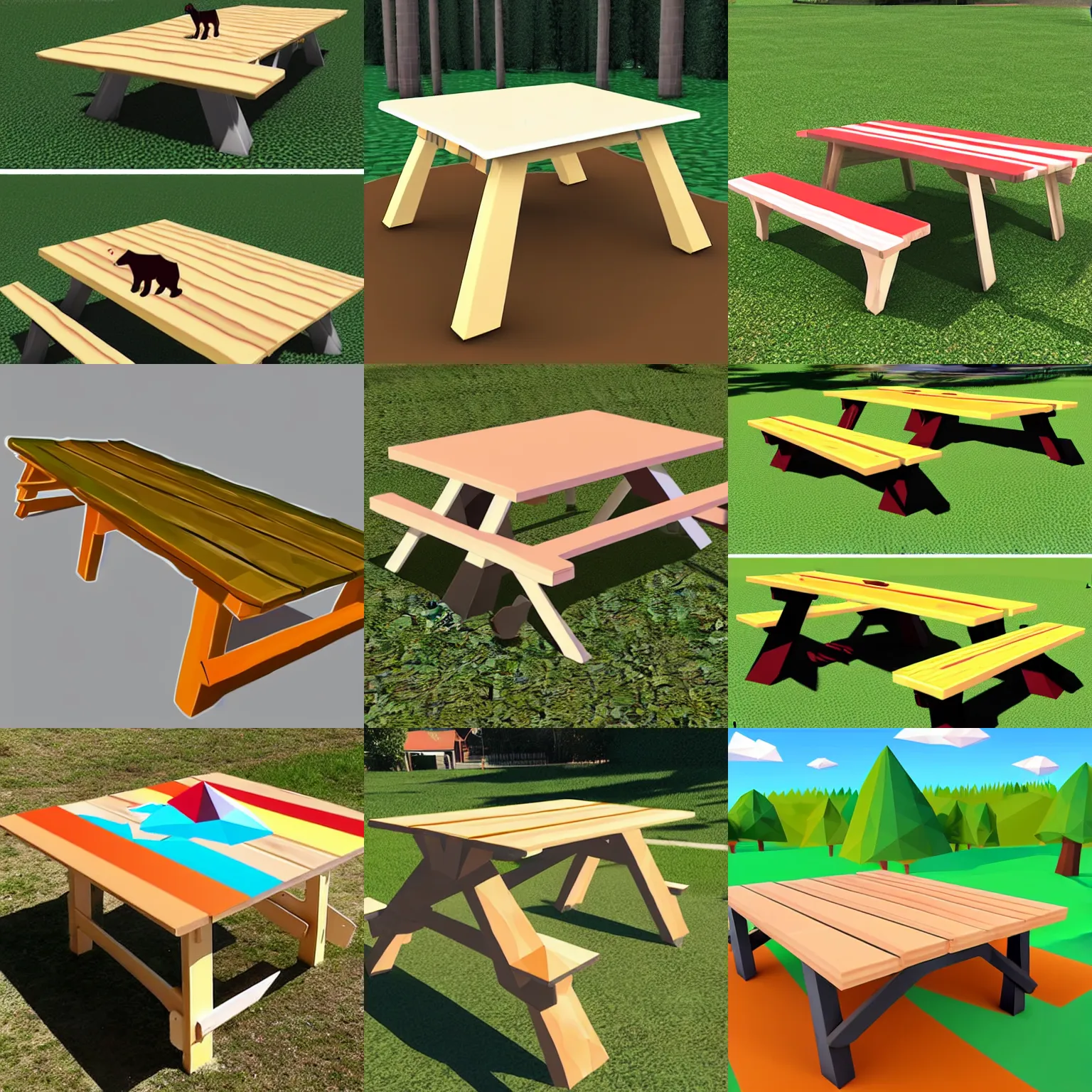 Prompt: a cute low poly animal design drawn onto the top a large picnic table