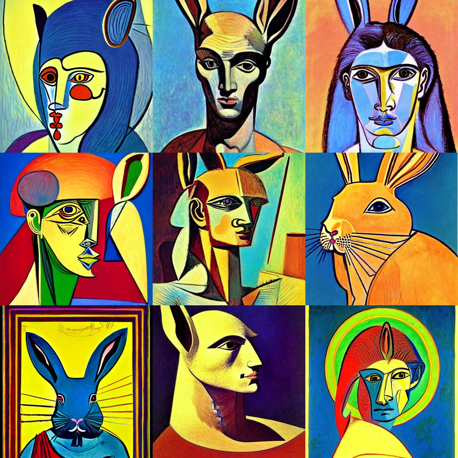 Prompt: beautiful portrait of greek god rabbit painted by picasso and moebius