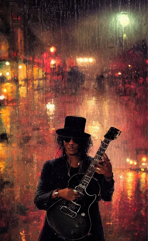 Prompt: a painting of slash playing the guitar, rainy night, lights, particles, depth of field, raindrops, crowd, lights, top hat by greg rutkowski, featured on artstation