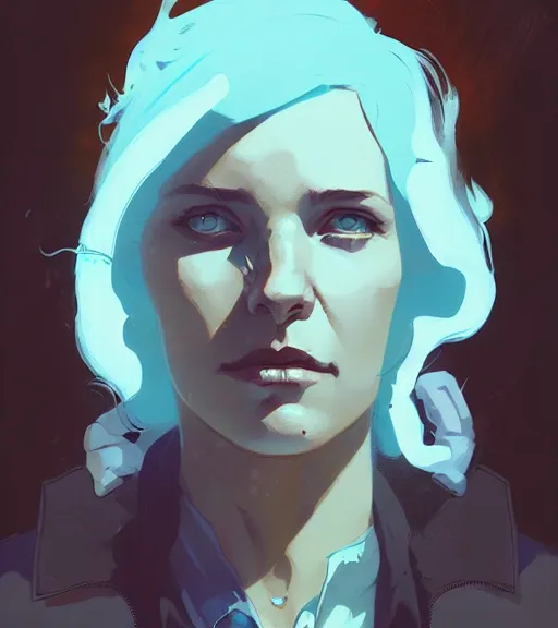 Image similar to portrait of a female john constantine by atey ghailan, by greg rutkowski, by greg tocchini, by james gilleard, by joe fenton, by kaethe butcher, dynamic lighting, gradient light blue, brown, blonde cream and white color scheme, grunge aesthetic