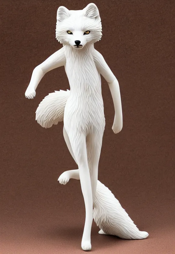 Prompt: still figurine of anthro furry arctic fox wearing an elegant summer blouse and leggings, personification, detailed product photo, dynamic pose, featured on amiami, 8 k, 8 5 mm, f. 1 4, beautiful composition