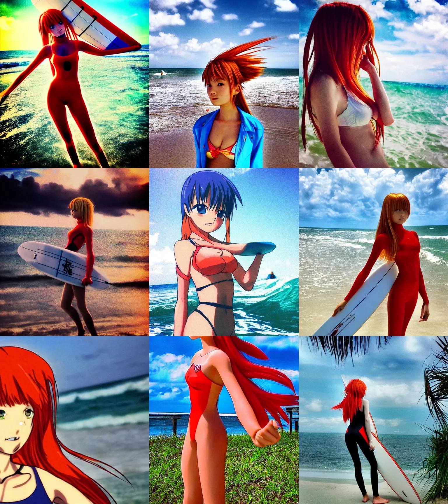 Prompt: iphone HDR photo of beautiful Asuka Langley from evangelion as a surfer in Florida, 35mm, cinematic, trending on Instagram