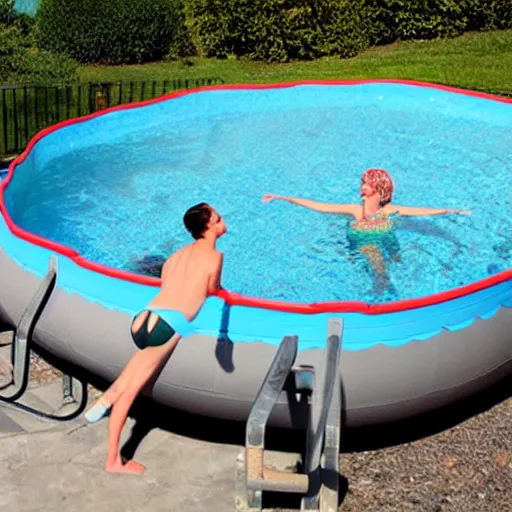 Prompt: slides into a pool, swim tube, pool tube, chromatic abberation