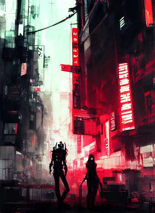 Prompt: horror art, terminators in shinjuku street, red cloud in the background, art by ismail inceoglu