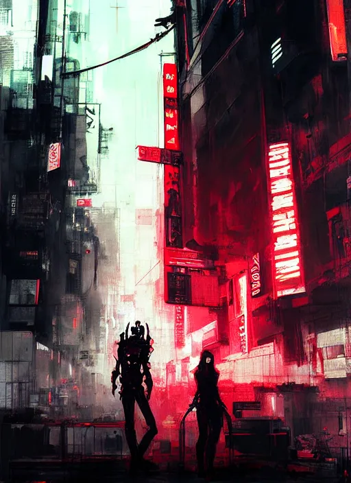 Image similar to horror art, terminators in shinjuku street, red cloud in the background, art by ismail inceoglu