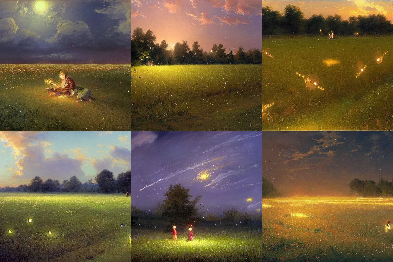 Prompt: a field at night filled with hundreds of firefly lightning bugs. By Makoto shinkai. By Nikolay Makovsky.