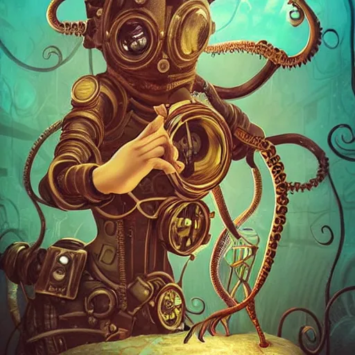 Image similar to lofi underwater bioshock steampunk selfie, octopus, Pixar style, by Tristan Eaton Stanley Artgerm and Tom Bagshaw.