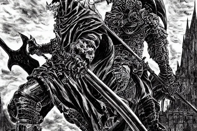 Image similar to guts, big black sword, detailed face, high detail, castle background, colourful, epic scene, high contrast, by kentaro miura