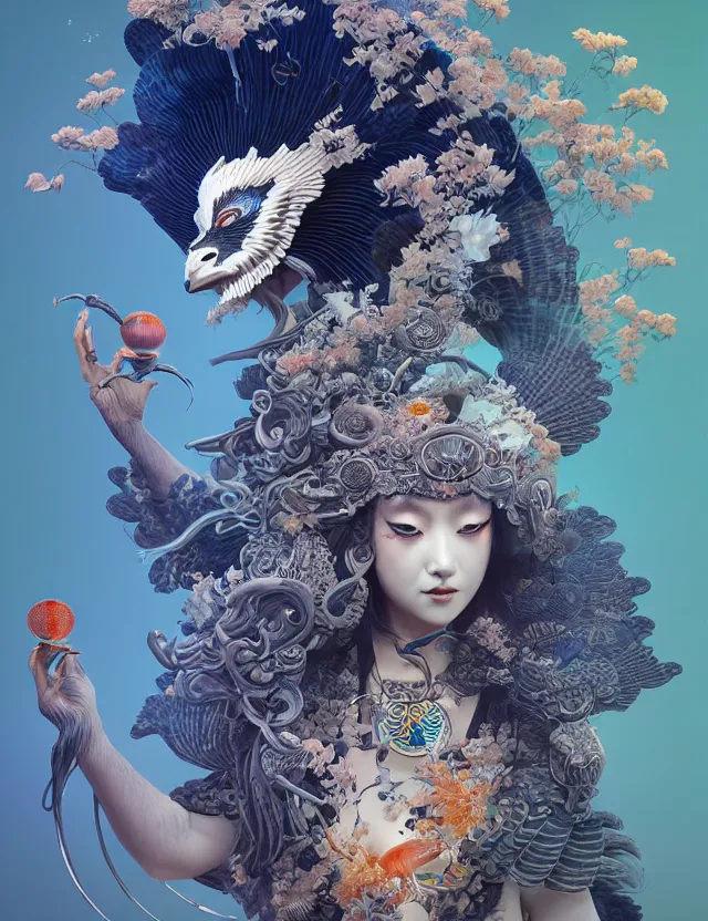 Image similar to 3 d goddess bottom - up with ram skull. beautiful intricately detailed japanese crow kitsune mask and clasical japanese kimono. betta fish, jellyfish phoenix, bio luminescent, plasma, ice, water, wind, creature, artwork by tooth wu and wlop and beeple and greg rutkowski