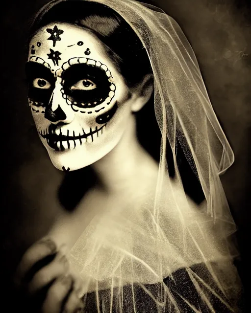 Image similar to tintype religious veil woman in dia de muertos dress and makeup high quality photo, microchip, artificial intelligence, bio - mechanical bio - luminescence, black wired cables, neurons, nerve cells, cinematic, rim light, photo - realistic, high detail, 8 k, masterpiece, high fashion, in the style of steven meisel dora maar h. r. giger